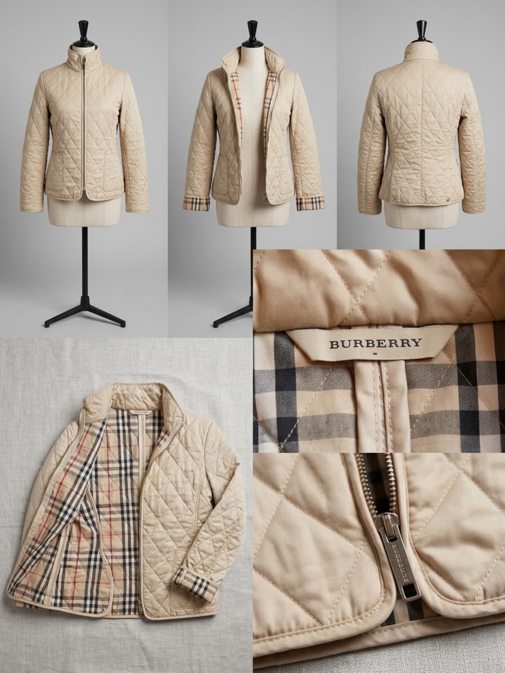 Burberry London Cream Quilted Jacket with Classic Nova Check - Pristine